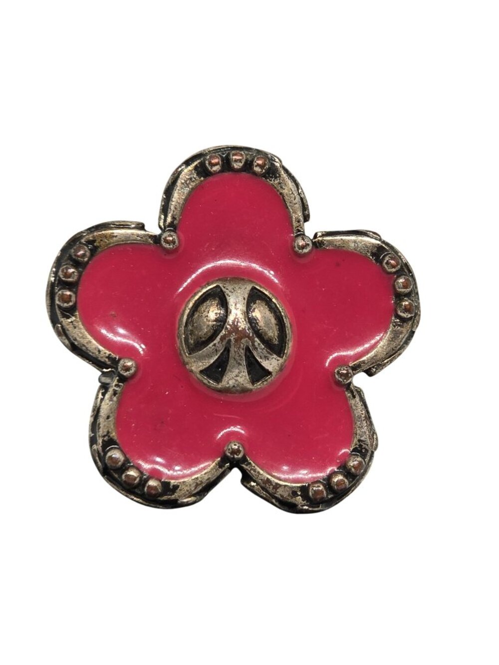 Vintage Pink Flower Peace Sign Ring Silver Tone Boho Hippie